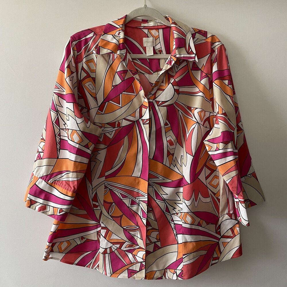 Chico's Button Front Collared 3/4 Sleeve Geometric Blouse Pink Orange Sz XL-dmp